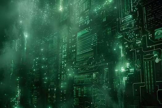 High-resolution image of an intricate digital circuit board with futuristic blue-green lighting, depicting technology and electronics concept.