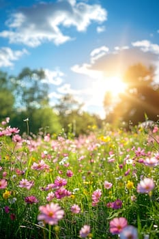 Vivid summer meadow scene with colorful flowers and sun flare against a clear blue sky, evoking freshness and growth in natural landscape.
