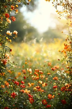 Close-up of vibrant summer flowers in meadow with golden sunlight sparkling through, showcasing nature's beauty in full bloom with copy space.
