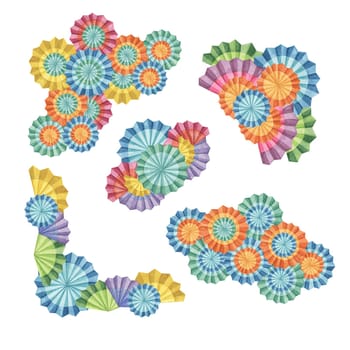 Compositions from fiesta flowers. Hand drawn isolated watercolor cliparts, Mexican paper fans for Cinco de Mayo decoration. Celebration designs for packaging, printing, cards, posters, festivities