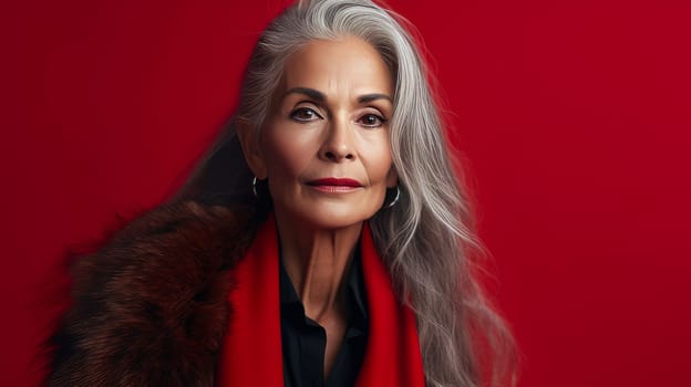 Elegant, elderly, chic Latino, Spain woman with gray long hair and perfect skin, on a red background, banner. Advertising of cosmetic products, spa treatments, shampoos and hair care products dentistry and medicine, perfumes and cosmetology for women