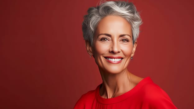 Elegant, smiling elderly, chic latino, Spain woman with gray hair and perfect skin, red background banner. Advertising of cosmetic products, spa treatments, shampoos and hair care products, dentistry and medicine, perfumes and cosmetology for women
