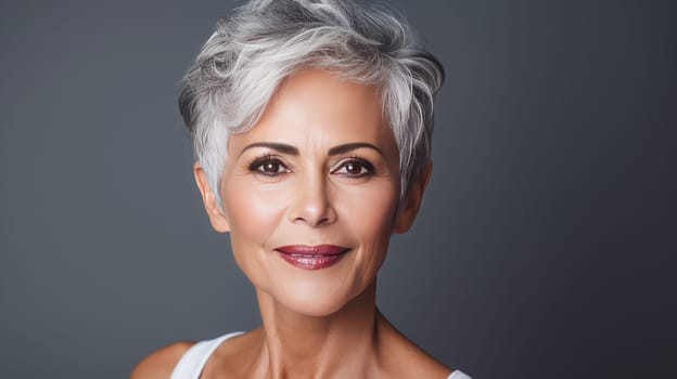 Elegant, smiling elderly, chic latino, Spain woman with gray hair and perfect skin, silver background banner. Advertising of cosmetic products, spa treatments, shampoos hair care products, dentistry and medicine, perfumes and cosmetology for women