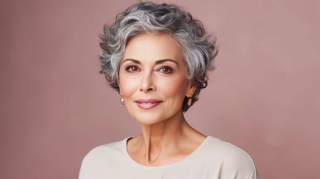 Elegant, smiling elderly, chic latino, Spain woman with gray hair and perfect skin, creamy beige background banner. Advertising of cosmetic products, spa treatments, shampoos hair care products, dentistry and medicine, perfumes and cosmetology women