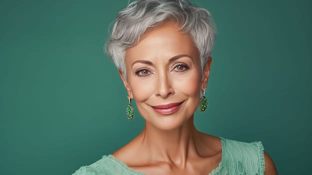 Elegant, smiling elderly, chic latino, Spain woman with gray hair and perfect skin, green background banner. Advertising of cosmetic products, spa treatments, shampoos and hair care products, dentistry and medicine, perfumes and cosmetology for women