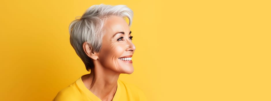 Elegant, smiling elderly, chic latino, Spain woman with gray hair and perfect skin, yellow background banner. Advertising of cosmetic products, spa treatments, shampoos and hair care products, dentistry and medicine, perfumes and cosmetology women