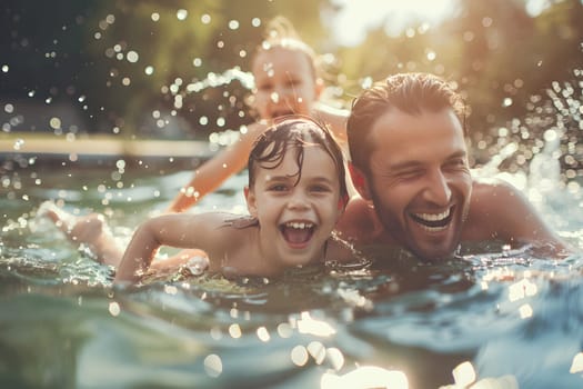 Joyful family moment as they swim together in an outdoor pool, summer vibes and fun splashing water in sunny weather.