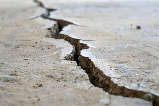 Close-up image showing the devastating effects of an earthquake with a deep crack in city ground. Concept of natural disasters and urban damage.