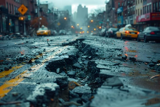 Urban scene showing aftermath of earthquake with cracked asphalt and scattered debris. Concept of disaster, destruction, and emergencies in city environment.