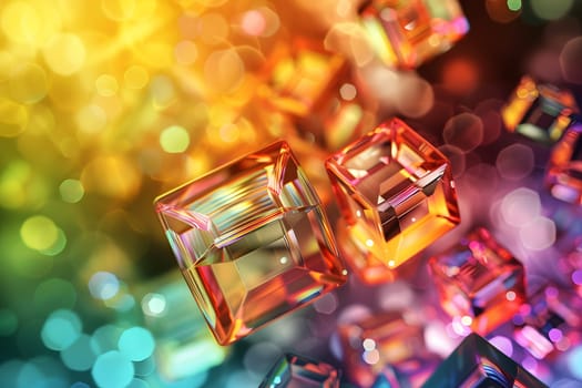 Abstract digital art displaying chaos of colorful cubes in rainbow colors, creating a vibrant 3D effect on a blurred background.