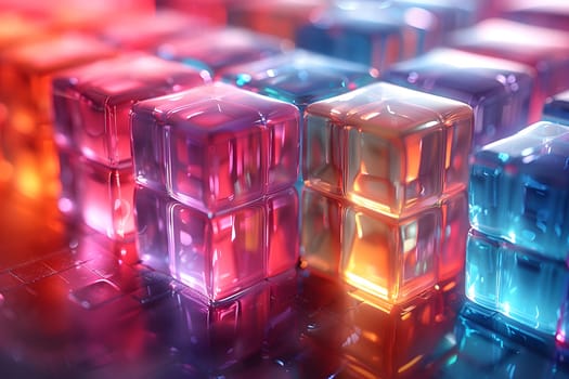 Close-up of an abstract cubic background featuring a chaotic mix of rainbow colors with a three-dimensional effect. Perfect for concepts of diversity, creativity, and modern art.