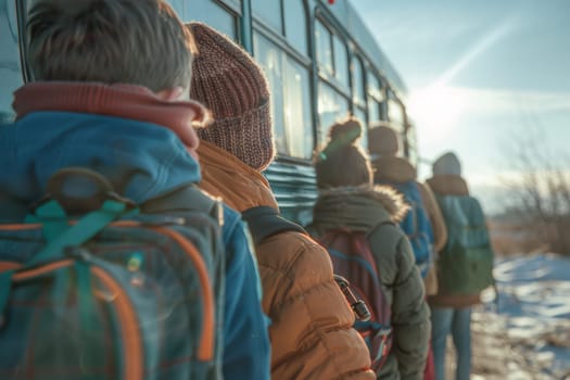 A group of children are standing in line to board a bus. They are all wearing backpacks and hats, and the sun is shining brightly. Scene is cheerful and energetic