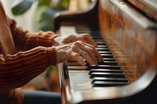 Close-up of elderly woman's hands gracefully playing piano, evoking nostalgia and serenity in a cozy home setting. Concept of music, passion, and lifetime hobbies.