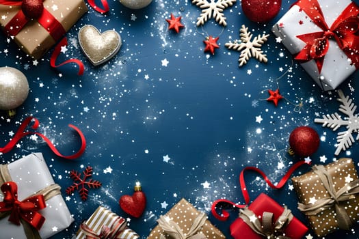 Christmas celebration concept with gifts, baubles, snowflakes, and stars on blue background. Space for holiday greetings and text.