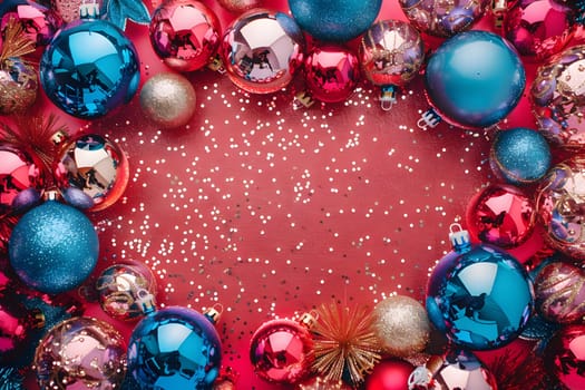Diverse Christmas ornaments in red and blue hues with sparkling details. Perfect, festive background with ample copy space for holiday greetings.