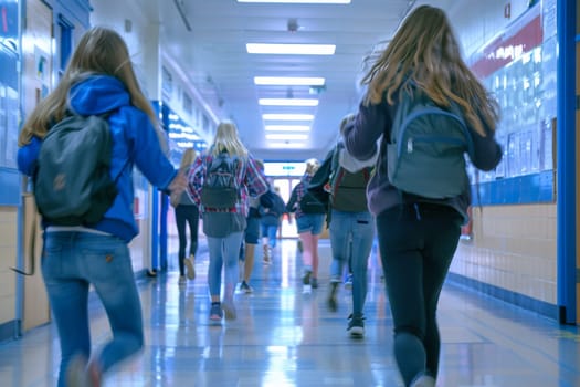 A group of students are running down a hallway in a school. Scene is energetic and lively, as the students are in a hurry to get to their next class