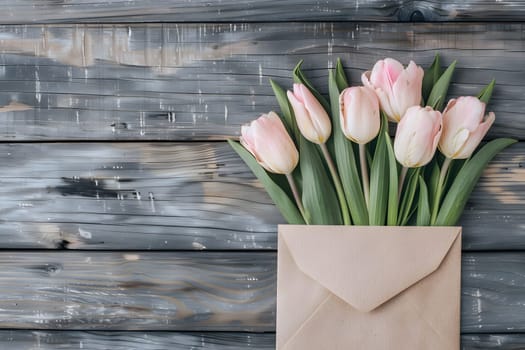 Top view of fresh pink tulip flowers with green leaves and blank postal card on wooden background, space for text. Ideal for Mother's Day or spring greetings.