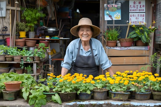 Joyful elderly gardener with a bright smile poses amidst lush potted plants and colorful flowers, showcasing active retirement and love for horticulture.