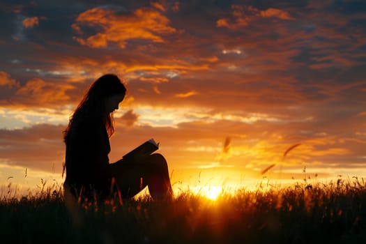 Silhouette captures tranquil moment of individual engrossed in book against vibrant sunset sky, symbolizing peace, leisure and education in nature's embrace.