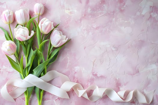 Top view of elegant white and pink tulips tied with a satin ribbon on a textured pink background, perfect for Mother's Day greetings.