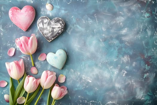 Beautiful pink tulips and decorative hearts on blue textured backdrop perfect for Mothers Day greetings, with ample empty space for text.