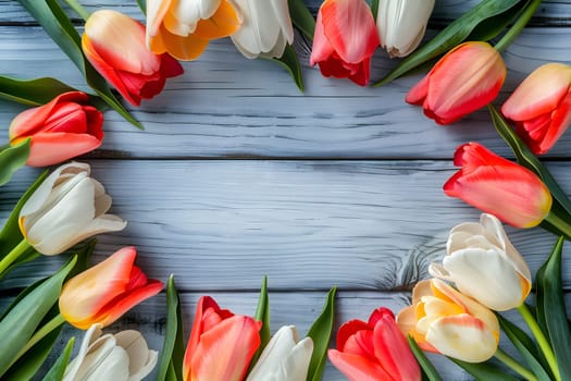 Top view of colorful tulips arranged on rustic wooden planks, perfect for Mothers Day greetings with ample empty space for text.