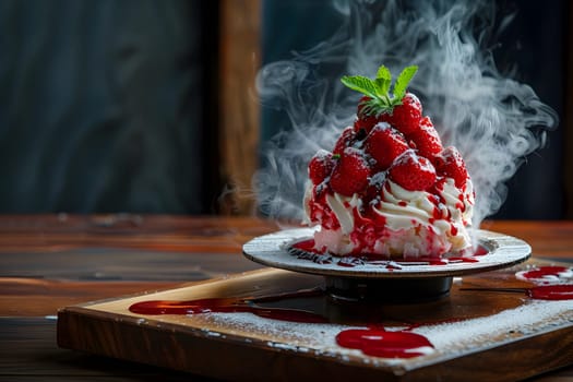 Elegant iced strawberry dessert presented on wood tray, surrounded by captivating smoke, with mint garnish and syrup drizzle.