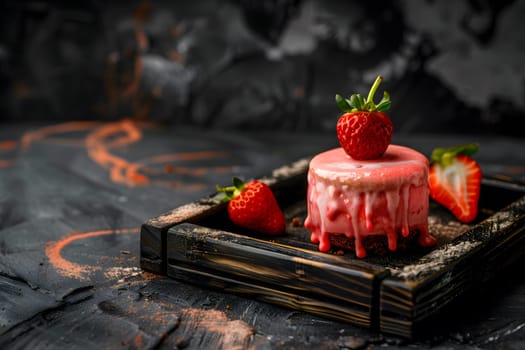 Elegant strawberry dessert beautifully presented on dark wooden tray with fresh berries. Concept of gourmet sweets, indulgence, and food styling.
