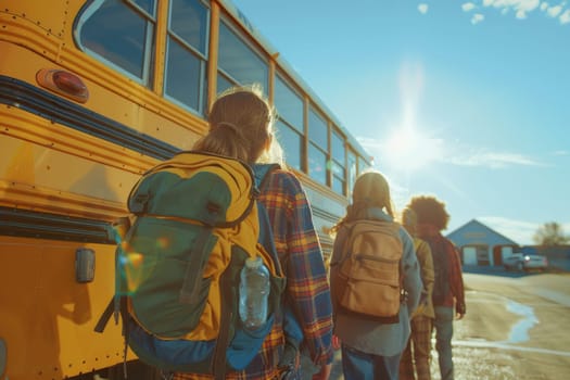 A group of children are standing in front of a yellow school bus. The sun is shining brightly, creating a warm and inviting atmosphere. The children are wearing backpacks