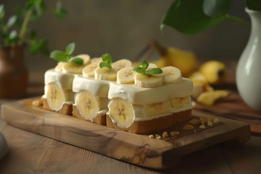 Gourmet banana dessert topped with creamy yogurt and fresh mint on rustic wooden serving board. Concept of homemade sweet treats, indulgence, and simple pleasures.