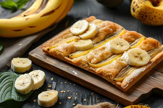 Gourmet homemade banana dessert served on a rustic wooden tray, surrounded by fresh banana slices and seeds