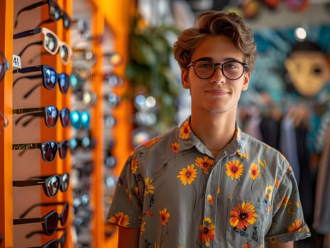 A young man with glasses and a floral shirt is showcasing sunglasses at a Vision care event, radiating happiness and fun with his electric blue eyewear and trendy fashion design Tshirt