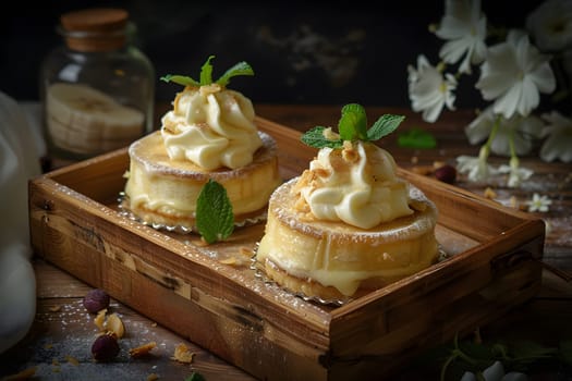 Gourmet banana dessert with whipped cream garnish served on rustic wooden tray, surrounded by natural floral decor. Perfect for dessert menu visuals or culinary presentations.