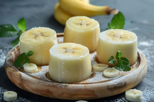 Elegant iced banana dessert garnished with fresh mint on wooden tray, sprinkled with powdered sugar against dark backdrop.