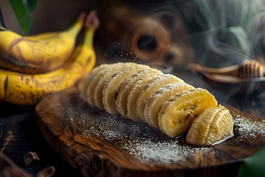 Close-up of sliced banana with honey drizzle and sprinkled icing sugar on a wooden tray, capturing the essence of homemade desserts and natural sweetness.