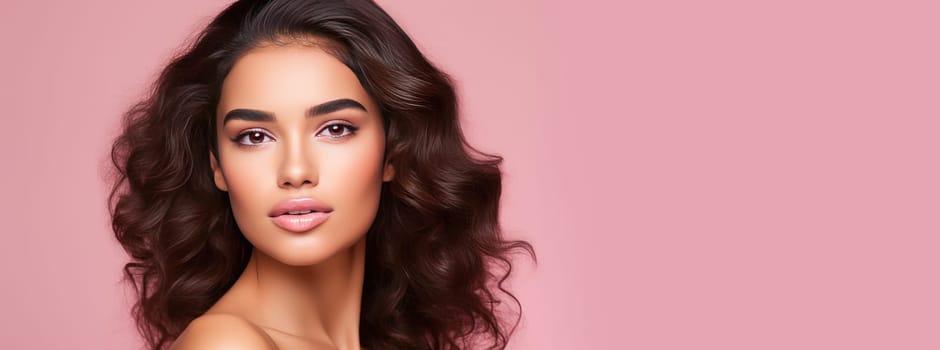 Beautiful, elegant, sexy Latino, Spain woman with perfect skin, on a pink background, banner. Advertising of cosmetic products, spa treatments, shampoos and hair care products, dentistry and medicine, perfumes and cosmetology for women