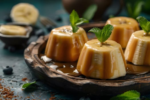 Gourmet banana dessert with caramel, mint garnish, served on rustic wooden tray, ideal for food blogs and menus, enticing and delicious gourmet treat.