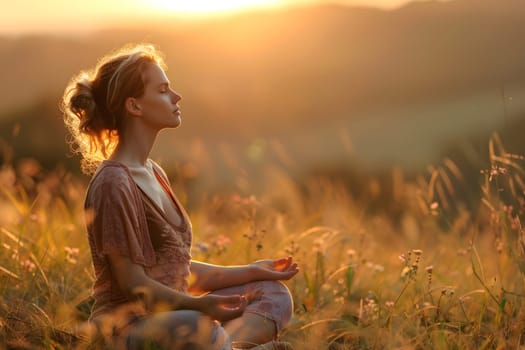 Woman in peaceful meditation outdoors at dusk. Mindfulness, serenity, and wellness captured in golden hour light with natural surroundings. AI Generated