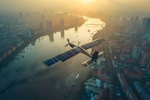 Aerial view of a solar-paneled army drone in flight above city skyline during golden hour, showcasing surveillance, technology and energy concepts.