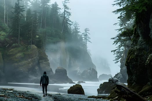 Lone adventurer wanders through lush, mist-covered forest alongside serene rocky beach, embodying solitude and exploration amidst nature's beauty.