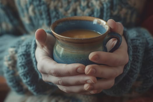Close-up of warm hands holding a ceramic mug, conveying a feeling of comfort, warmth, and relaxation in a cozy atmosphere.