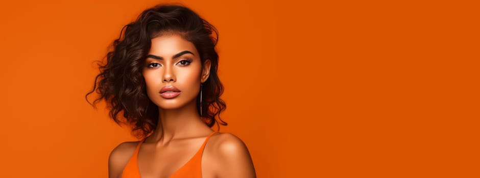 Beautiful, elegant, sexy Latino, Spain woman with perfect skin, on an orange background, banner. Advertising of cosmetic products, spa treatments, shampoos and hair care products, dentistry and medicine, perfumes and cosmetology for women