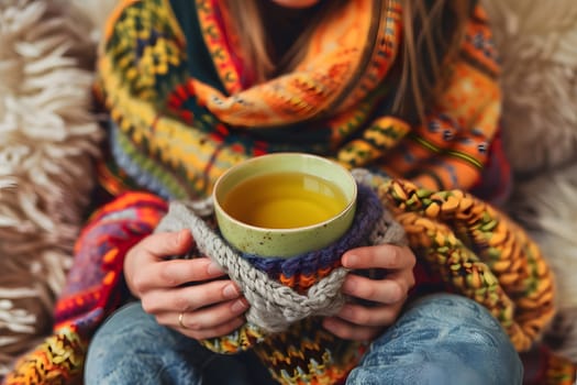 Close-up image capturing cozy moment as person enjoys warm drink, wrapped in colorful winter scarf and attire, exuding comfort and warmth indoors.