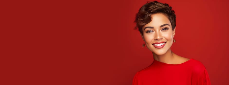 Beautiful, elegant, sexy Latino, Spain, short-haired woman with perfect skin, on a red background, banner. Advertising of cosmetic products, spa treatments, shampoos and hair care products, dentistry and medicine, perfumes and cosmetology for women