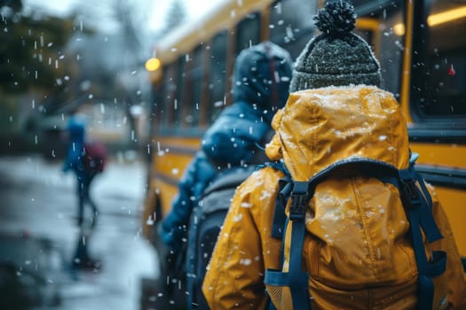 A person wearing a yellow jacket and a backpack is standing in front of a school bus. The person is wearing a hat and has a backpack on their back. The scene is set in the rain