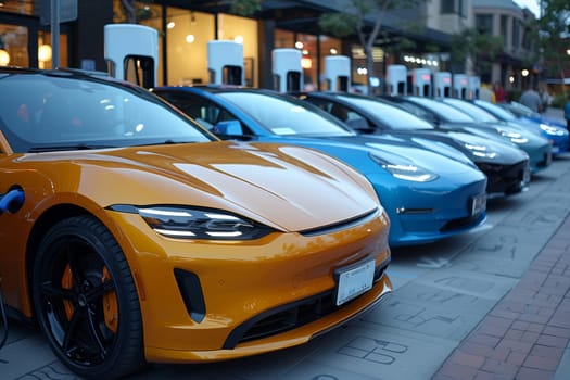 A line of electric vehicles is parked together, showcasing their automotive design with sleek hoods, stylish grilles, and shiny tires