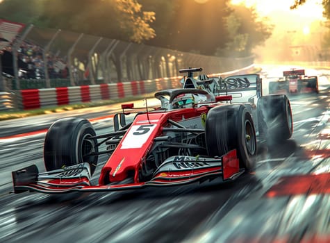 A white and red car with sleek automotive design and openwheel features is speeding down a race track, showcasing its highperformance tires and wheels