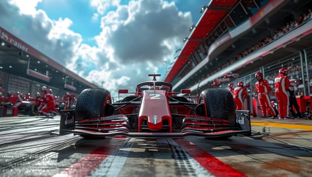 A vibrant red race car sits parked in the pit lane at a race track, surrounded by the cloudy sky and tall buildings. The sleek vehicles automotive tires and lighting gleam on the asphalt