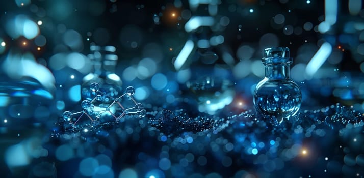 A macro photography shot of a glass bottle of perfume with electric blue liquid, against a vibrant blue background. The intricate pattern on the bottle creates an entertainment for the eyes