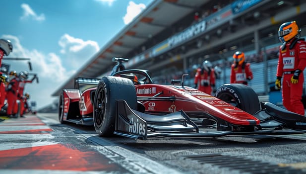 A sleek red and black race car sits in the pit lane, surrounded by the cloudy sky and asphalt. The vehicles tires reflect the buildings design